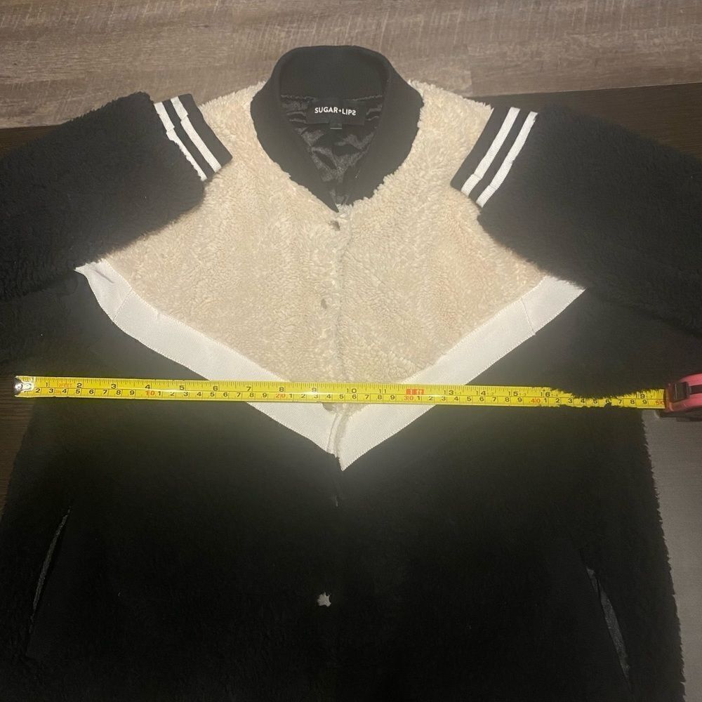 Sugarlips Women’s Teddy Knit Black and Tan Bomber Jacket Size Medium NWOT - Picture 7 of 8